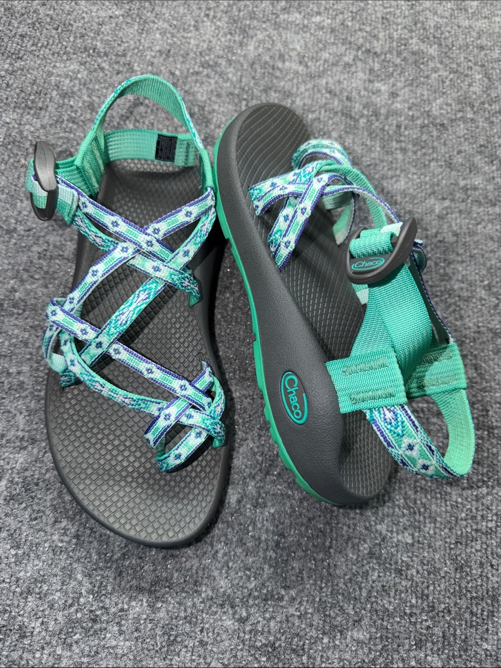 Chaco ZX/2 Classic sandals in a teal/mint green & purple pattern with toe loop.